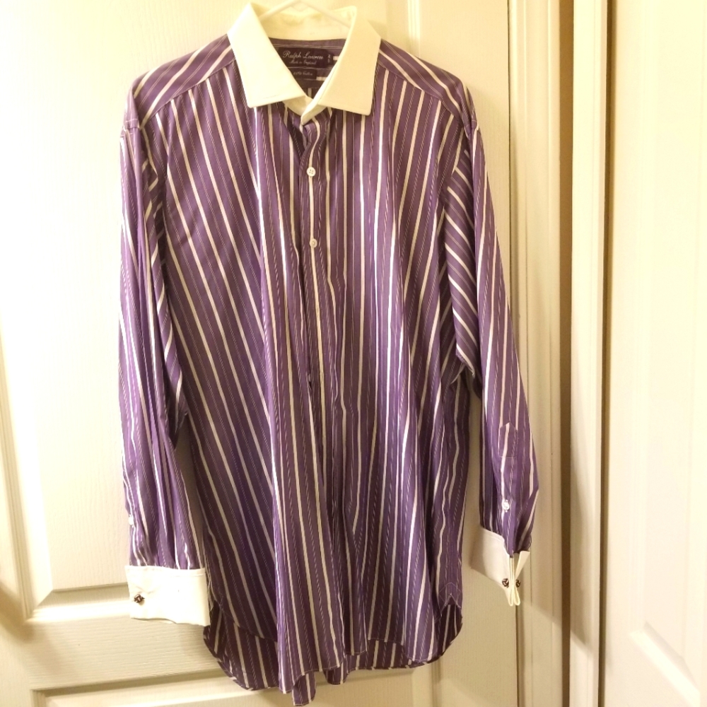 Ralph Lauren Men's Shirt purple w/white collar, cuffs & stripes.